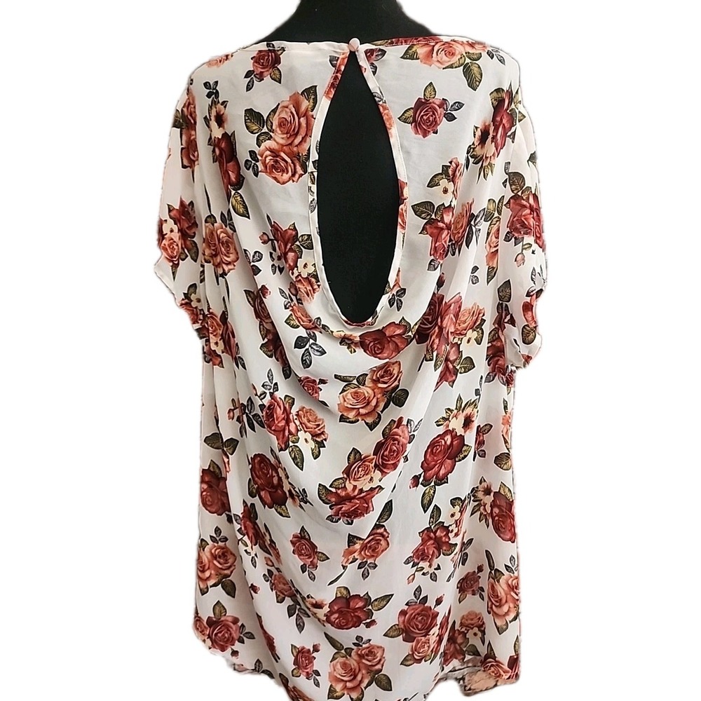 Torrid Sheer Top 3 Blouse‎ Roses Open Back Plus Size Flowy CoverUp White Summer